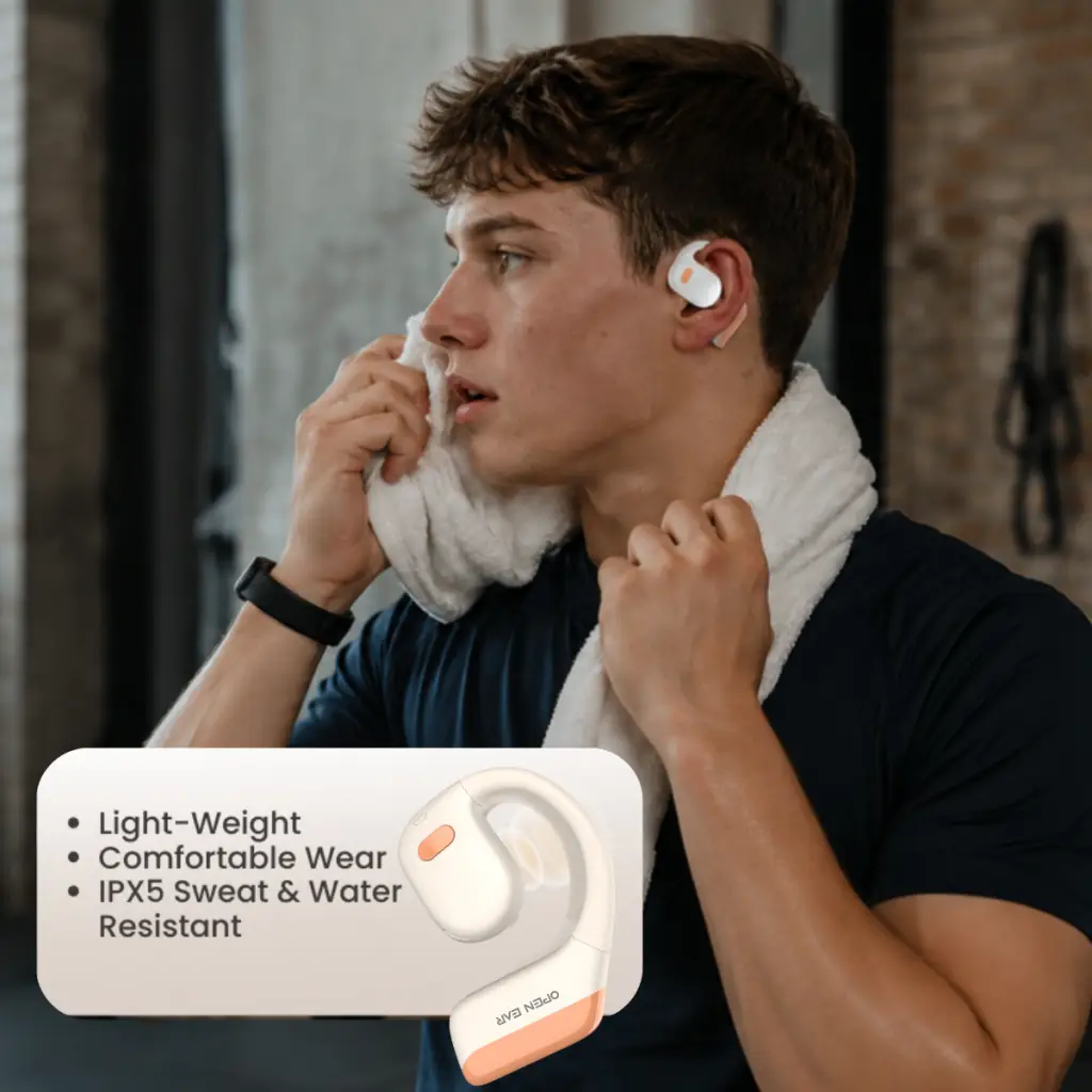 manwearing openear uk air conduction earhook headphones